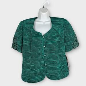 NWT Karen Miller Green Textured Lace Sequin Short Sleeve Evening Jacket‎ Size 18
